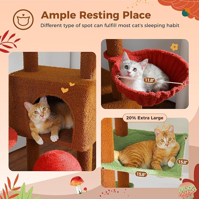 PEQULTI Mushroom Cat Tree Floor to Ceiling Cat Tower Adjustable Height (90.5''-100.4'' = 230cm-252cm) with Cat Condo, Cozy Hammock and Scratching Post, Tall Activity Tree for Indoor Cats, Brown-Mewly Pet