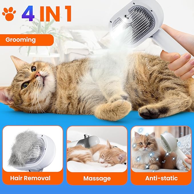 Pet Steam Brush For Cat & Dog - Pets Spray Hair Removal Comb - Cats Indoor Shedding & Grooming Mist Tool - Water Steamer Brushes for Long & Short Haired Dogs - Spritz Defur Comb (White Pro)-Mewly Pet