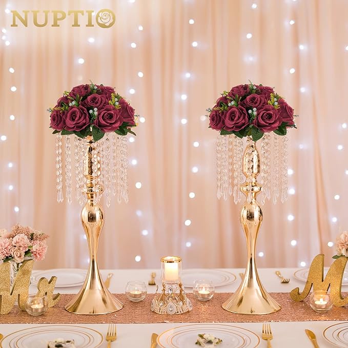 NUPTIO Flower Ball Arrangement Bouquet - 10 Pcs 9.5 inch Diameter Burgundy Fake Flowers Roses Balls for Centerpieces Tables - Artificial Rose Arrangements for Wedding Centerpiece Table Decorations