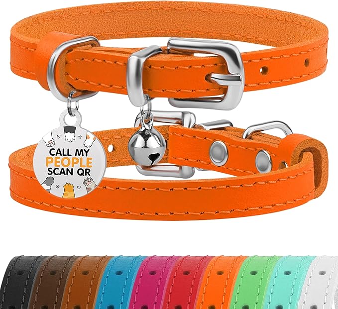 BRONZEDOG Leather Cat Collar with Removable Bells Non Breakaway Kitten QR Tag for Girl Boy (7" - 9" for Cats, Orange & Silver)-Mewly Pet