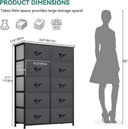 YITAHOME 10 Drawer Dresser - Fabric Storage Tower, Organizer Unit for Bedroom, Living Room, Hallway, Closets - Sturdy Steel Frame, Wooden Top & Easy Pull Fabric Bins
