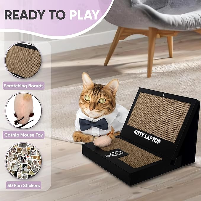 Toy Cat Laptop with 2 Scratchboards + Catnip Mouse Toy for Cats + 50pack Cat Sticker - Interactive Eco-Friendly Cat Computer with Scratch Pad Laptop for Cats - Mini Cat Laptop-Mewly Pet