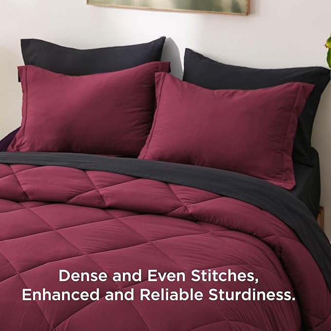 Bedsure Queen Comforter Set - 7 Pieces Reversible Burgundy and Black Bedding, Queen Size Bed Set for All Seasons, Bed in a Bag with Down Alternative Comforter, Sheets, Pillowcases & Shams