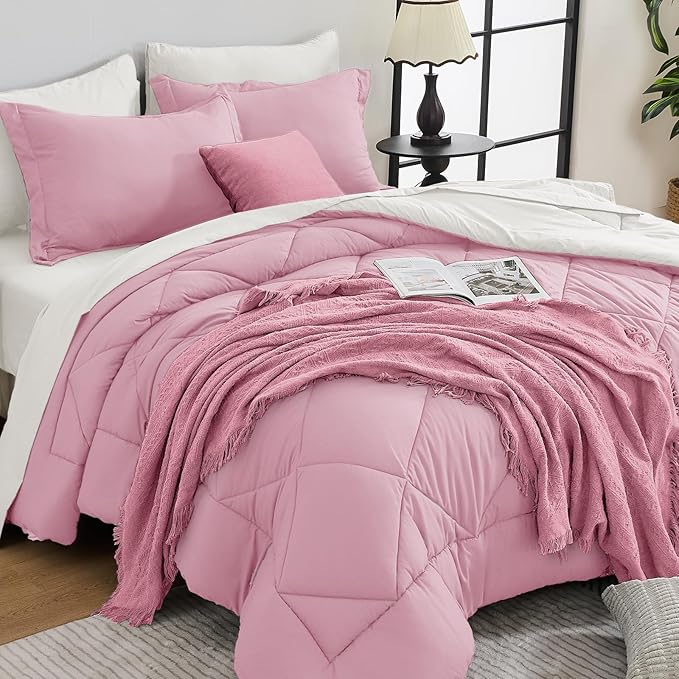 HEVUMYI King Comforter Set - 7-Piece All Season Bed in a Bag King, Ultra Soft Bedding Set with Comforter, Flat Sheet, Fitted Sheet, Pillowcases, Pillow Shams, Pink & Ivory