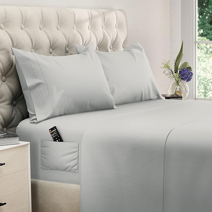 DREAMCARE Full Size Sheets – 4 pcs Cooling Sheets – up to 21” Deep Full Sheet Set – Hotel Luxury Sheets & Pillowcases – Superior Softness 100% Fine Microfiber with Side Pocket – Light Gray