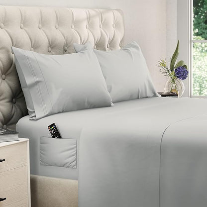 DREAMCARE Queen Sheet Set – 4 pcs Cooling Sheets – up to 21” Extra Deep Pocket Queen Sheets – Hotel Luxury Sheets & Pillowcases – Superior Softness 100% Fine Microfiber with Side Pocket – Light Gray