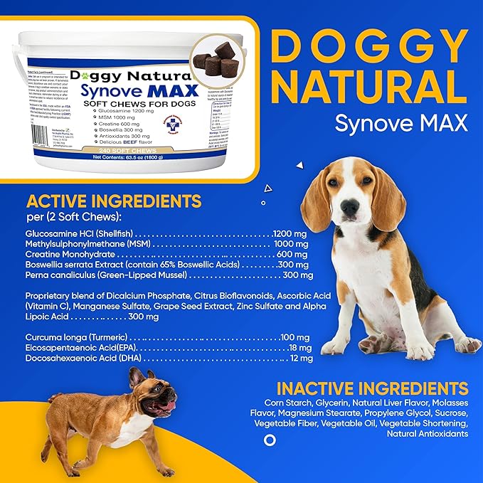 Synove Max Soft Chews for Dogs (240 Count) Beef Flavor, Joint Supplement, Glucosamine, Turmeric, Boswelllia serrata, Creatine Naturally Derived Ingredients better than synovi g4 soft chew-Mewly Pet