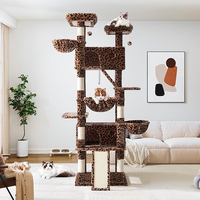 Allewie 81 Inches Tall Cat Tree/Multi-Level Large Climbing Tree House and Towers for Big Feline/Condo and Hammock/Scratching Post/Wide Base/Leopard Print-Mewly Pet