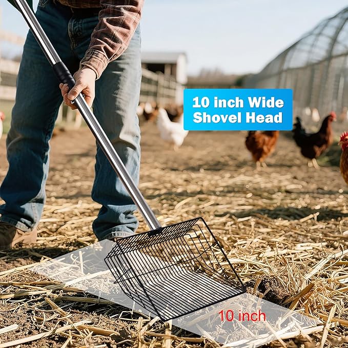10inch Large Metal Chicken Poop Scooper,32 to 67" Adjustable Long Chicken Coop Litter Scoop,Heavy Duty Sifting Shovel for Chicken Coop & Pet Waste Cleaning-Mewly Pet