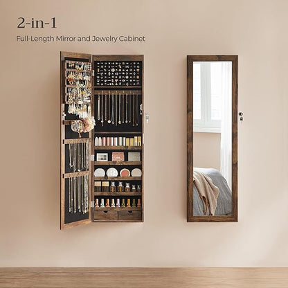 SONGMICS 6 LEDs Mirror Jewelry Cabinet, 47.2-Inch Tall Lockable Wall or Door Mounted Jewelry Armoire Organizer with Mirror, 2 Drawers, Christmas Gift, 3.9 x 14.6 x 47.2 Inches, Rustic Brown
