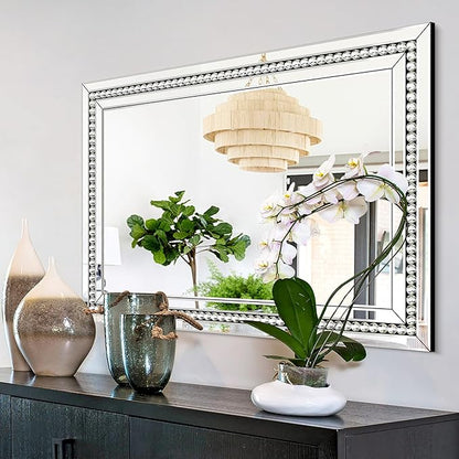 Rectangular Large Decorative Mirror for Decor, 28" X 40" Living Room Wall Mirror with Crystal Glass Frame, Beveled Unique Glamourous Elegant Design, Bathroom, Entrance, Bedroom Decor