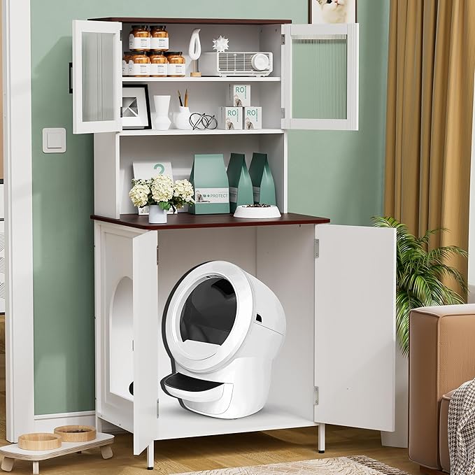 PAKASEPT Cat Litter Box Enclosure Furniture for Self-Cleaning Cat Litter Box with Shelves and Doors-Mewly Pet