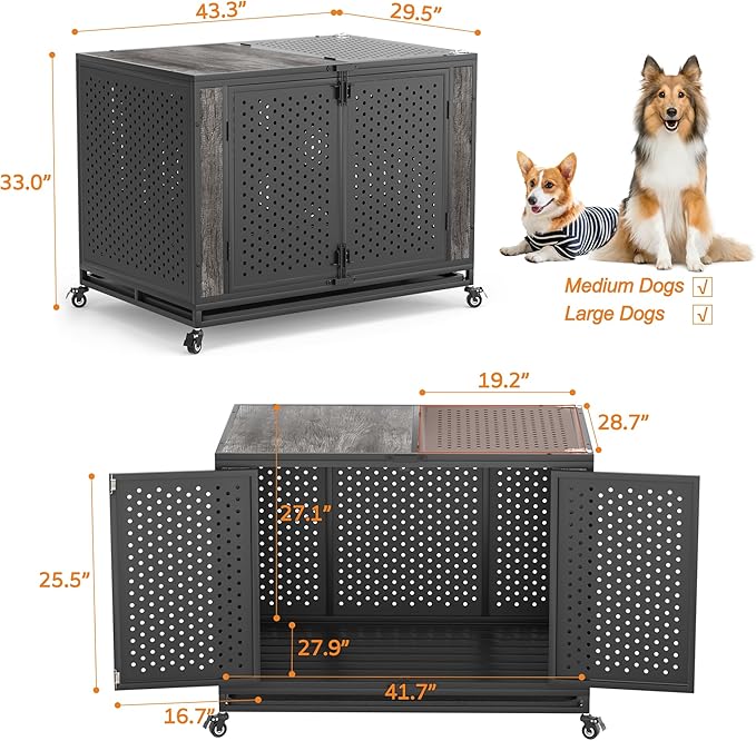 42" Heavy Duty Dog Crate Furniture for Medium and Large Dogs, Enclosed Design with 0.5 inch Holes, Indestructible Metal Kennel for High Anxiety Dogs, Chew Proof Indoor Pet House Cage, Gray-Mewly Pet