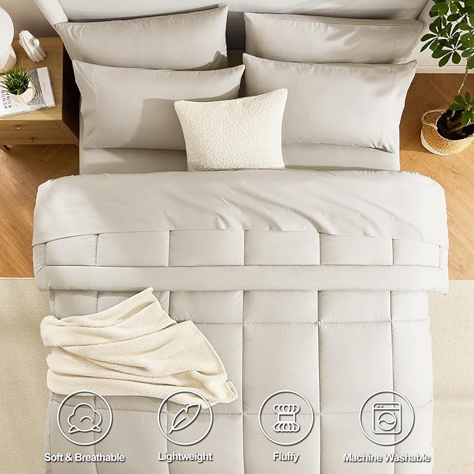 CozyLux Twin Comforter Set with Sheets Beige, 5 Pieces Bed in a Bag, Beige Comforter Twin Size, All Season Bedding Set with Stitch Quilted Comforter, Flat Sheet, Fitted Sheet, Pillowcases