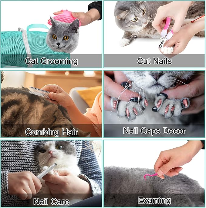 JULMELON Cat Washing Bag 10 PCS Set, Adjustable Cat Shower Net Bag and Pet Grooming Brush with Nail Clipper Nail File Hair Combs Tick Tool Nail Caps for Bathing Nail Trimming Examination(Pink+Green)-Mewly Pet