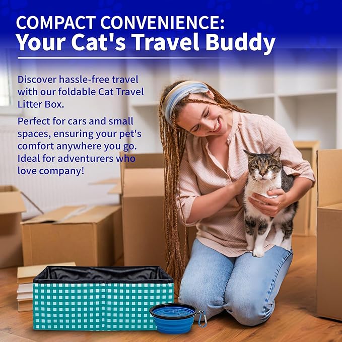 Pet Fit For Life - Vibrant Collapsible Travel Cat Litter Box - Portable, Foldable, Compact Design with Bonus Water Bowl - Ideal for Car & Camping - Reusable, Cats Safe - Teal, (16"x12"x5")-Mewly Pet