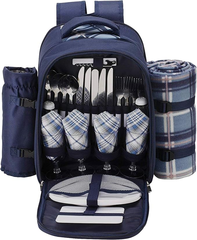 Apollo walker Picnic Backpack Set for 4 with Cooler Compartment,Detachable Bottle/Wine Holder Including Large Picnic Blanket(45"x 53") for Picnic Family and Lovers Gifts,Outdoor,BBQ Time (Blue)-Mewly Pet