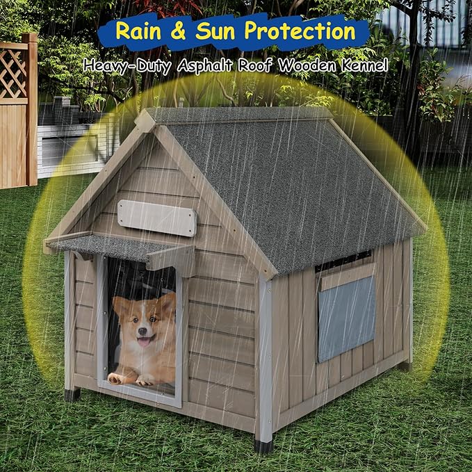 Outdoor Dog House Waterproof for Medium Small Dogs with Anti-Chewing Iron Frame, Adjustable Vent Window, Indoor & Outdoor Doghouse Kennel Puppy Shelter, Easy Clean and Assemble (26" L*31.9" W*32" H)-Mewly Pet