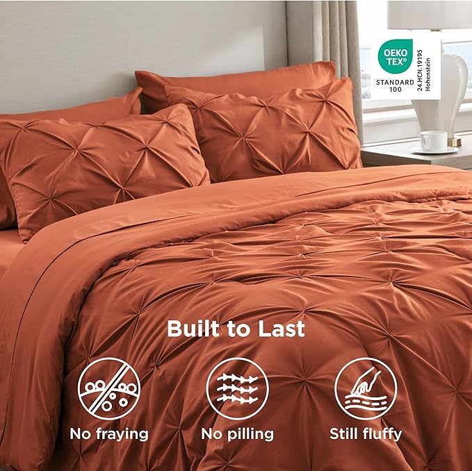 Bedsure Queen Comforter Set Burnt Orange - Bed in a Bag Queen Size Bedding 7 Pieces, GentleSoft™ Pintuck Bed Set Gift for Family, Pinch Pleat Burnt Orange Comforter with Sheets, Pillowcases & Shams