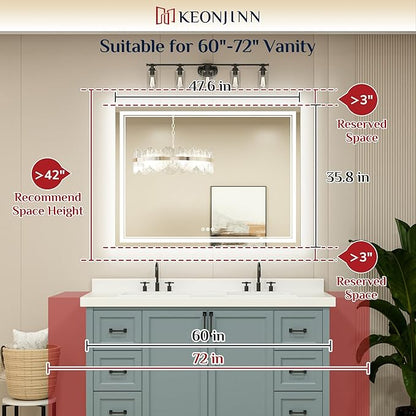 Keonjinn Bathroom Mirror with Lights 47.6" x 35.8" with Backlit and Front Light, Stepless 3 Colors Temperature Dimmable LED Bathroom Mirror, UL Listed LED Driver, Tempered Glass Lighted Vanity Mirror
