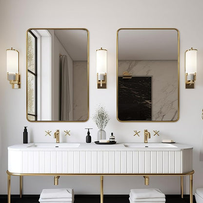 ANDY STAR 48x32 Inch Gold Bathroom Mirror, Brushed Gold Mirrors for Wall in Anti-Rust SUS304 Tube Metal Frame, Rounded Rectangle Mirrors 1’’ Deep Wall Mounted Vertically/Horizontal for Bathroom