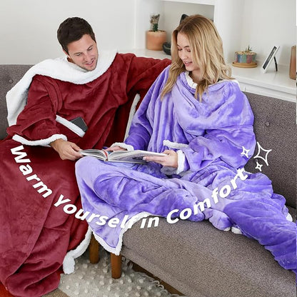 Catalonia Sherpa Wearable Blanket with Sleeves & Foot Pockets for Adult Women Men, Comfy Snuggly Wrap Sleeved Throw Blanket Robe, Gift Idea, Wine