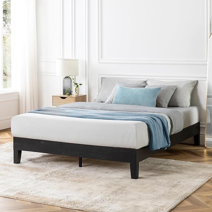 Mellow Naturalista Grand 12 Inch Solid Wood Platform Bed with Wooden Slats, Easy Assembly, King, Black