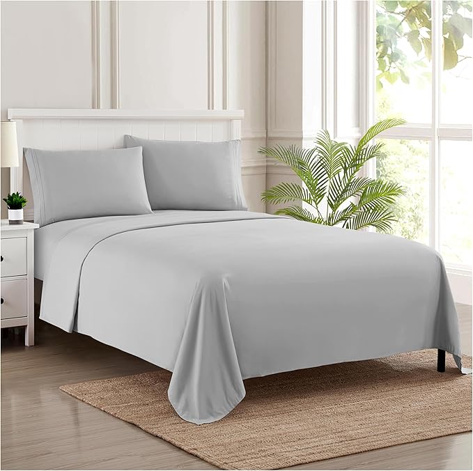 Twin XL Sheets - Breathable Luxury Sheets with Full Elastic & Secure Corner Straps Built In - 1800 Supreme Collection Extra Soft Deep Pocket Bedding Set, Sheet Set, Twin XL, Silver
