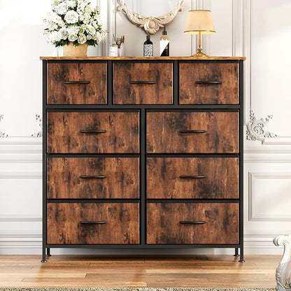 OLIXIS Dresser for Bedroom, 9 Storage Drawers, Tall Large Fabric Storage Tower Organizer, Chest of Drawers with Metal Frame Wooden Top for Nursery, Closet, Living Room, Entryway, Classic Rust Brown