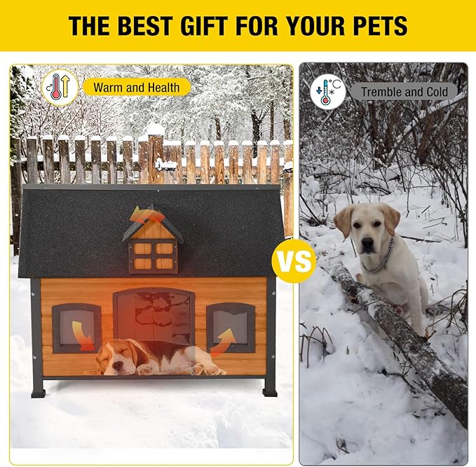 Aivituvin Dog House with Insulated Liner Anti-Chewing Metal Frame Design Insulated Wooden Dog Kennel with Unique Design Roof, Weatherproof Dog House for Outdoor Indoor-Mewly Pet