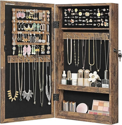 SONGMICS Lockable Jewelry Cabinet Armoire with Mirror, Wall-Mounted Space Saving Jewelry Storage Organizer, Christmas Gift, Rustic Brown UJJC051K01