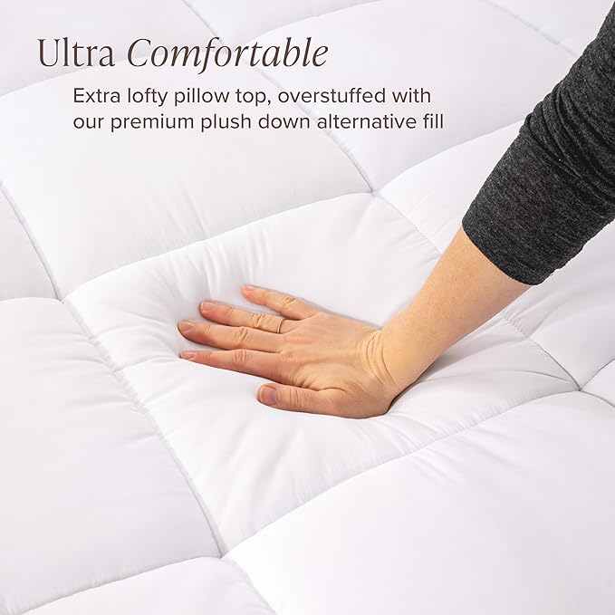 Bare Home California King Mattress Topper, Pillow Top Reversible, 1.5 inch Thick, Breathable, Deep Pocket, Machine Washable, White