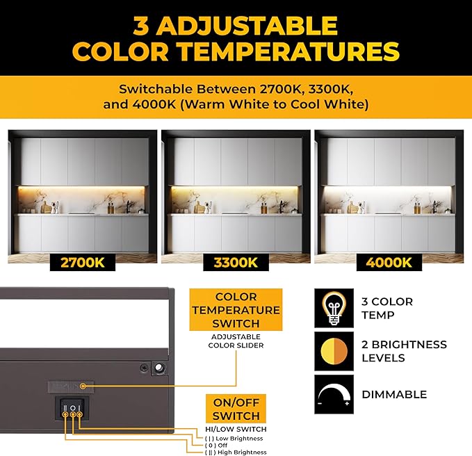 LED Under Cabinet Lighting Hardwired - 3CCT 40 Inch Bronze Finish - Undercabinet Lights for Kitchen - Linkable Undercounter Dimmable Plug in Light or Hard Wired - Under Counter Fixture Direct Wire