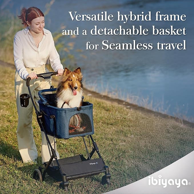 ibiyaya Essential – Travois Tri-Fold Pet Travel System for Medium Dogs, Cats, and More, 3 in 1 Dog Stroller with Detachable Carrier, XL Cabin (Nautical Blue)-Mewly Pet