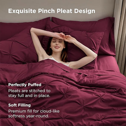 Bedsure Full Size Comforter Sets - Bedding Sets Full 7 Pieces, Pintuck Bed in a Bag Burgundy Bed Set with Comforter, Sheets, Pillowcases & Shams