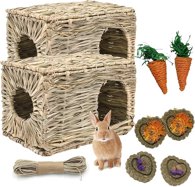 kathson 2 Pcs Large Rabbit Grass House Natural Foldable Hand Woven Seagrass Bed Carrot Hay Toy Hut Safe Comfortable Playhouse with Bunny Chew Toys for Bunny Hamster Guinea Pig Chinchilla Ferret-Mewly Pet