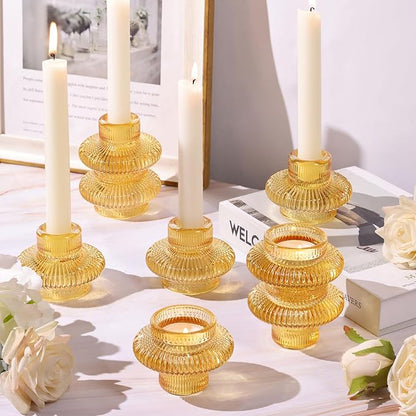 Candlestick Holders Taper Candle Holders, Gold Candle Stick Candle Holder for Wedding, Ribbed Tealight Candle Holders for Bridal Shower Party Table Decor, Modern Home Decor (8 Pcs, Gold)