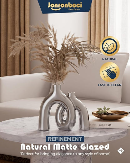 Hug Donut Decorative Vase Set - Silver Vase, Modern Nordic Boho Style Vases Home Decor, Matte Ceramic Decorations for Living Room Shelf, Bookshelf Mantle Entryway Table or Console Décor (Silver)