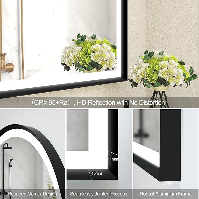 S'bagno 24x36 Arched Black LED Mirror for Bathroom with Frontlit & Backlit, LED Bathroom Mirror with Metal Frame, Anti-Fog, Stepless Dimmable, 3 Color Temperature Vanity Mirror