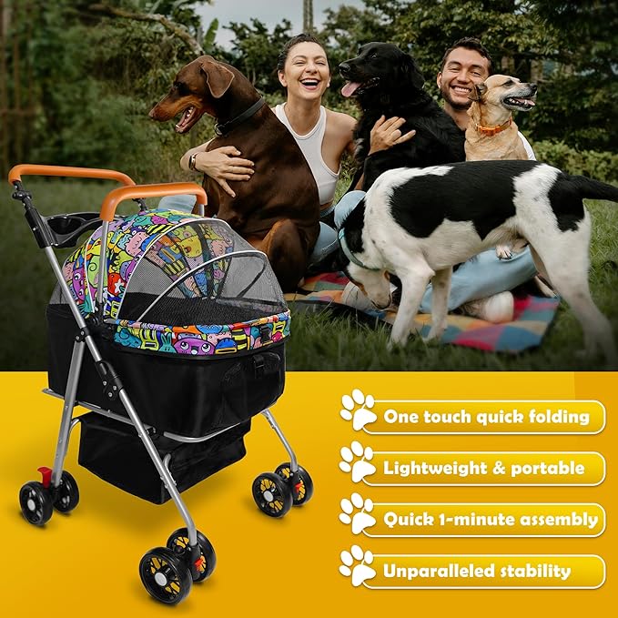 Pet Stroller with Storage Basket and Cup Holder, Folding Dog Jogger, Foldable Cat Stroller, 3 in 1 Puppy Kitten Cart, Pet Jogger for Medium Dog Cat (Magic Black)-Mewly Pet