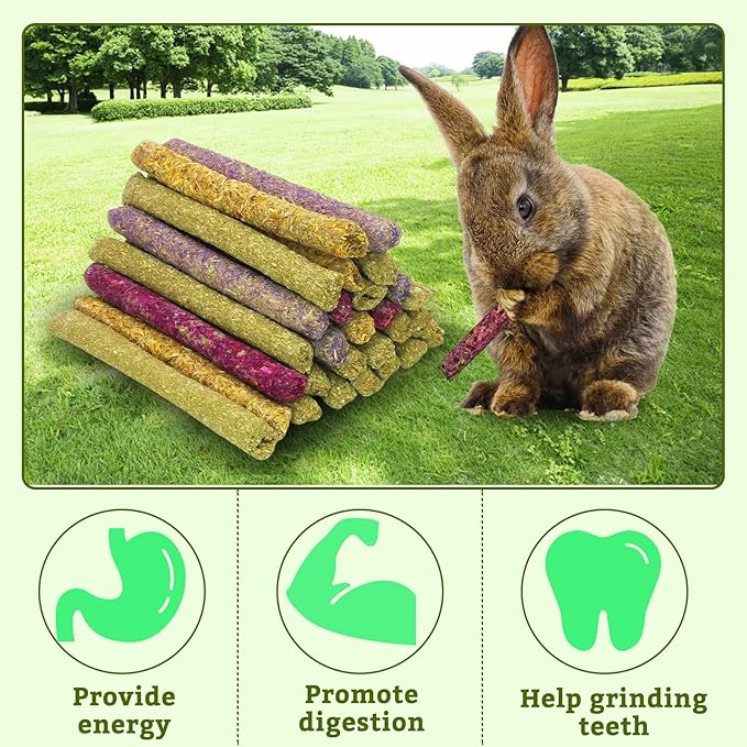 Fhiny 68 PCS Rabbit Chew Sticks, Natural Petals Timothy Hay Sticks Guinea Pig Chewing Toys for Teeth Small Animals Molar Snacks for Bunny Guinea Pig Chinchilla Hamster-Mewly Pet