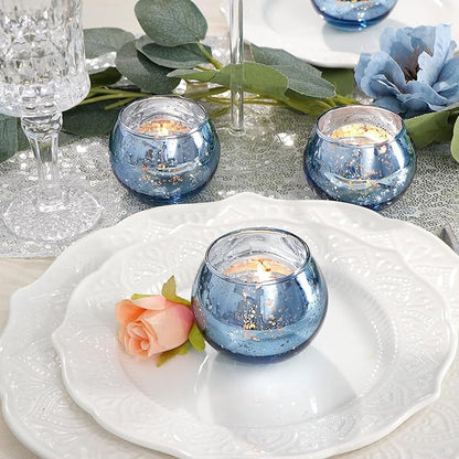 LAMORGIFT 24 Pcs Blue Votive Candle Holders Bulk- Blue Tealight Candle Holders for Wedding Decor, Mercury Glass Votives for Bridal Shower, Baby Shower Table Centerpieces