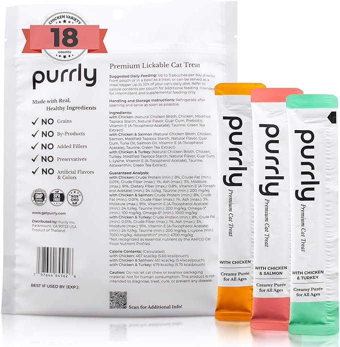 Purrly Lickable Wet Cat Treats Healthy Grain-Free Chicken Variety Pack (18 Count) Squeezable Creamy Purée with Human-Grade Protein Sources and Functional Nutrients Non-GMO No-Artificial-Additives-Mewly Pet