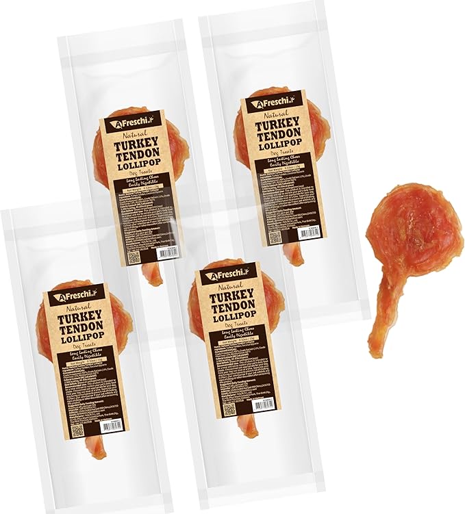 Afreschi Natural Turkey Tendon Lollipop Pack of 4, Dog Treat for Signature Series, All Natural Human Grade Puppy Chew, USA-Sourced Turkey Tendon, Rawhide Alternative-Mewly Pet
