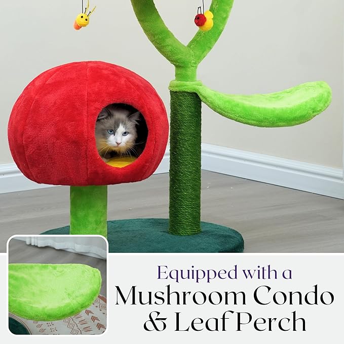 Catry 5-Level 40" Colorful Garden Style Cat Tree with Flower Perches, Leaf Hammock, Fruit Condo, Natural Sisal Scratching Post, Bee Toys, Parts Replaceable-Mewly Pet