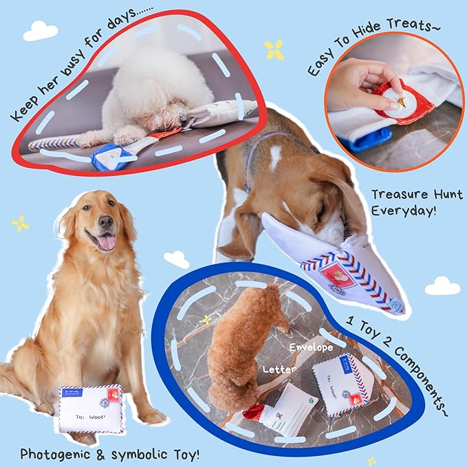 Hong Kong Airmail Soft Plush Nose-Work Squeaky Dog Toy - Durable & Cute 2-in-1 Envelope & Letter for Interactive Play, Extendable Cloth to Hide Food for Puzzle Fun, Small Medium Dogs-Mewly Pet