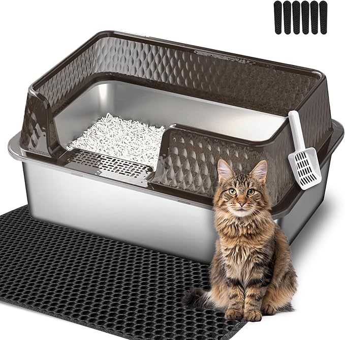 Suhaco Stainless Steel Litter Box Side Entry, Kitty Black Litter Mat and White Scoop Included Covered Metal High Sided Large Cat Litter Box with Lid Removable Enclosure for Medium Cats (Black)-Mewly Pet