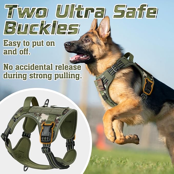 rabbitgoo Tactical Dog Harness for Large Dogs, No Pull Military Service Vest with Handle & Molle, Easy Control for Training Walking, Adjustable Reflective Straps, Green camo, L-Mewly Pet