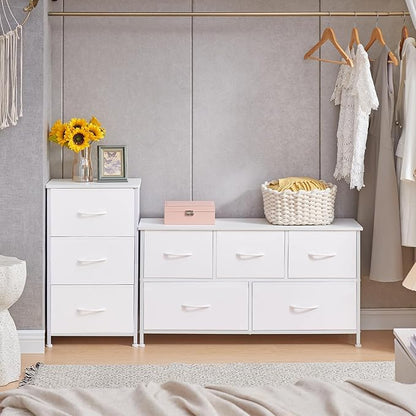 Somdot Dresser for Bedroom with 3 Drawers, Storage Organizer Chest of Drawers with Removable Fabric Bins for Closet Bedside Living Room Laundry Entryway Hallway, White Leather