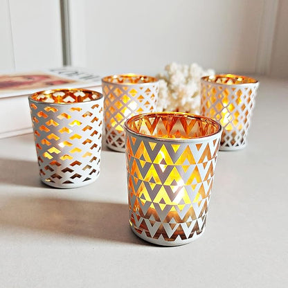 SHMILMH White and Gold Votive Candle Holders Set of 12, 4 Patterns Frosted Glass Tea Lights Candle Holders for Birthday Party Wedding Table Centerpiece Halloween